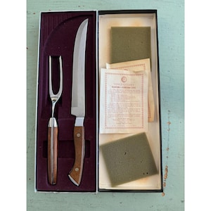 Towle Vintage 1950s Wood Handled Carving Knife and Fork Set In Original Box