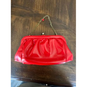 Vintage Red Faux Leather Clutch Purse With Gold Chain Strap & Kiss Lock Closure, vintage purse, red purse, clutch, red clutch, red purse