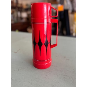Vintage 1970s Aladdin Pint Thermos Red/Black Retro Design Plastic Collectible
