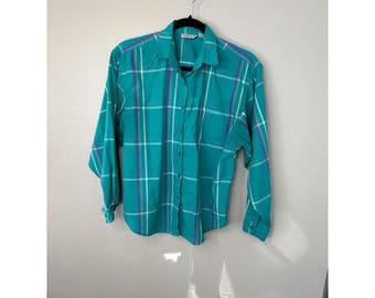 Grand Design Womens Green Blouse, button up, vintage grand design, 1990s shirt, plaid shirt, womens button up, long sleeve, collared