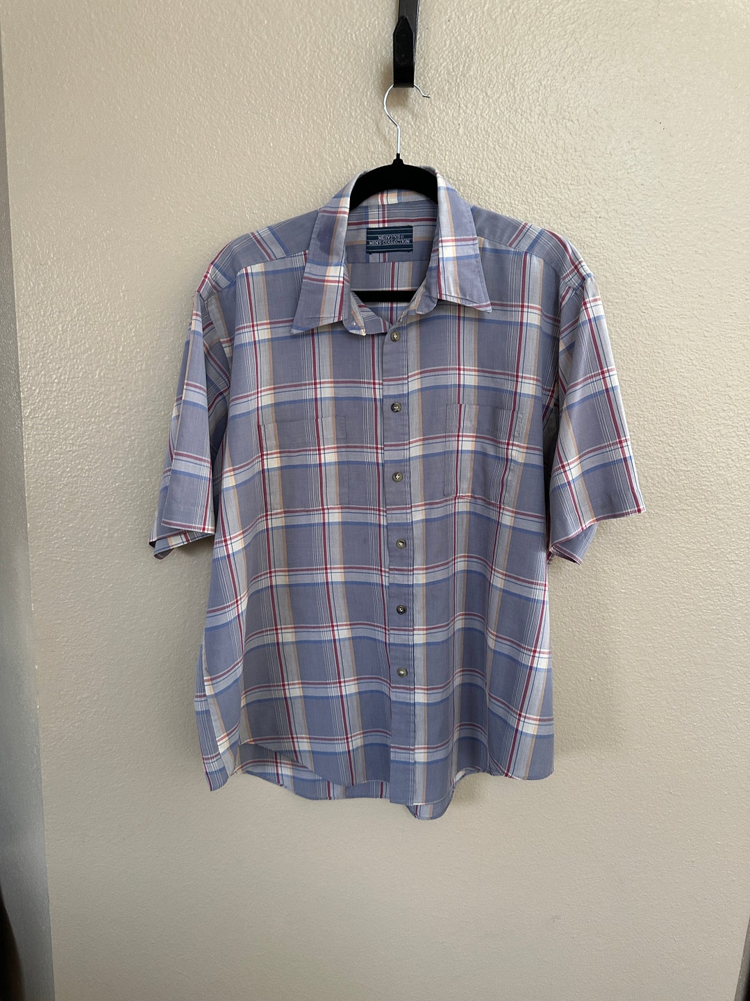 70s~ MERVYN'S COLLECTION Open Collar Wool Box Shirt Men's Size L Vintage /evb009184