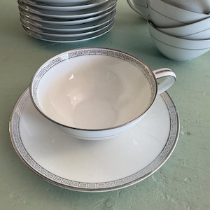 Noritake Silver Key 5941 Teacup and Saucer Set, china pattern, Japanese china, formal china, replacement china