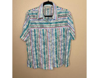 Vintage Drapers and Damons Womens Button Up Striped Floral Short Sleeve Shirt