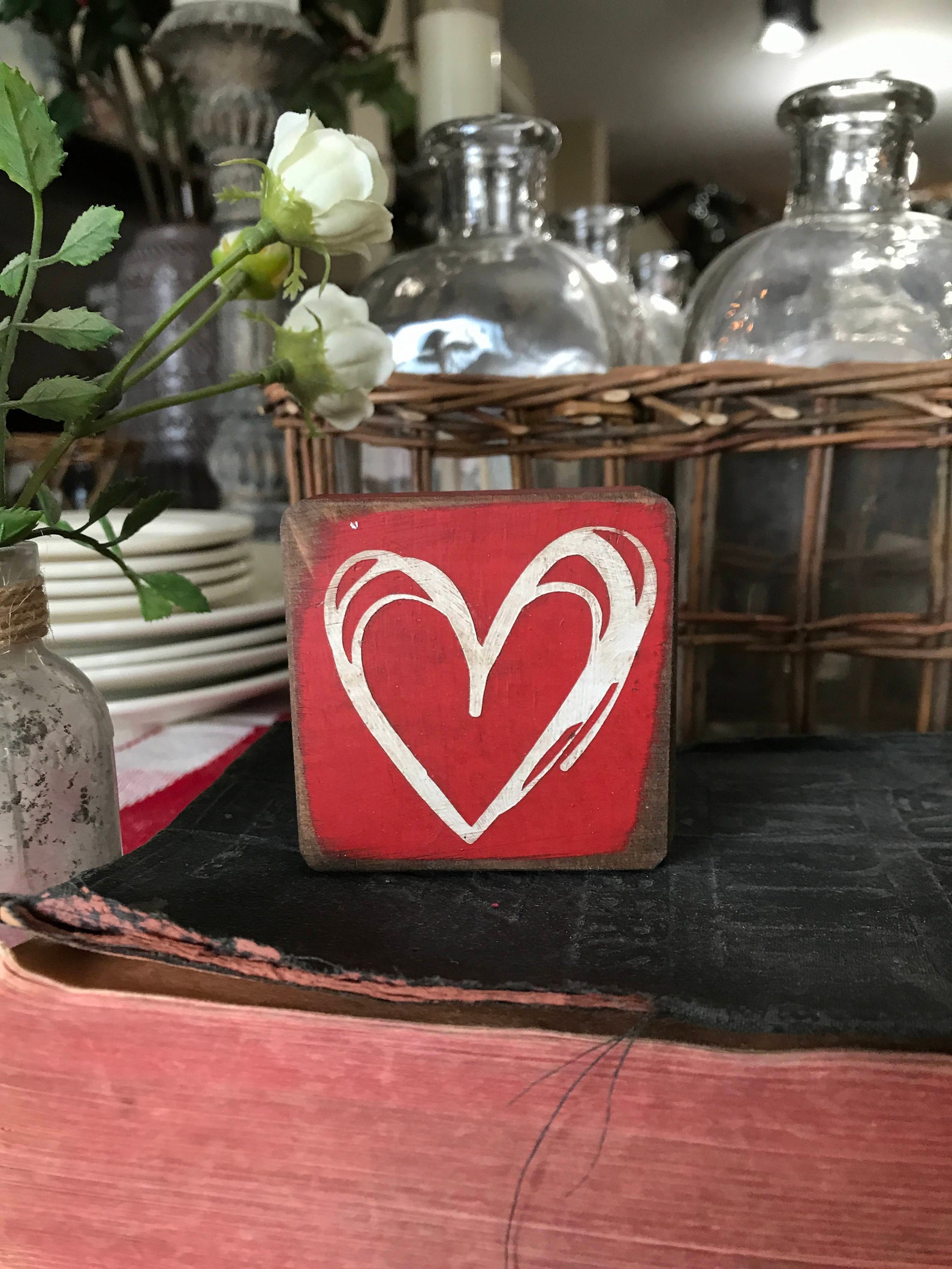 Small Heart Wood Block Valentine Small Decor Small Heart Etsy