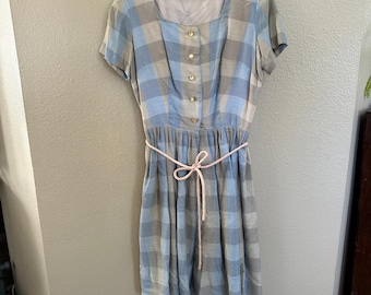 Vintage Handmade Women&#39;s Blue Short Sleeve Midi Dress, vintage dress, handmade, vintage short sleeve dress, blue dress, womens dress, 1950s