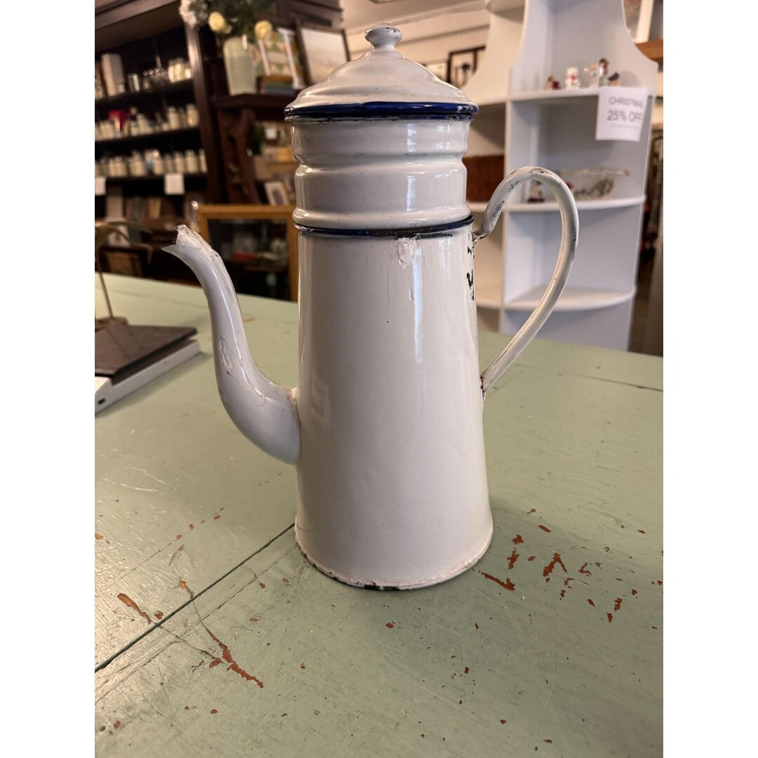 Vintage 1920s French Enamelware Coffee Pot White and Blue Trim W
