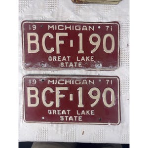 1971 Michigan State License Plates Pair BCF 190 Vintage Red w Embossed White