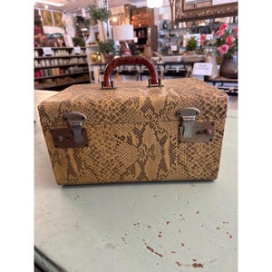 May include: A vintage square makeup case with a snakeskin pattern in shades of tan and brown. It features a brown handle and metal clasps. The case is sitting on a light green surface.