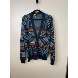 London Fog Vintage Geometric Knit Cardigan Sweater, vintage london fog, vintage cardigan, mens sweaters, mens cardigan, geometric, cardigan