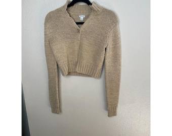 VTG American Eagle Outfitters Womens Beige Cardigan Medium Wool Cropped Sweater