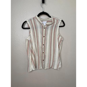 Vintage Liz Claiborne Lizwear Jeans Sleeveless Striped Button-Up Blouse, vintage liz claiborne, liz claiborne, womens blouse, 1990s.