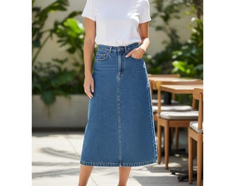 Jordache Womens High-Waisted Denim Midi Skirt W/ Back Slit 7 Blue Cotton Y2k