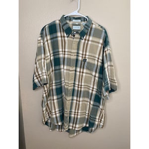 Vintage Izod XL Mens Beige Teal Plaid Short-Sleeve Button-Down Shirt, vintage izod, izod, vintage shirt, mens shirt, button up, shirt