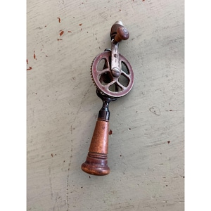 Antique Red Head 110 Egg Beater Style Hand Drill With Wooden Handle