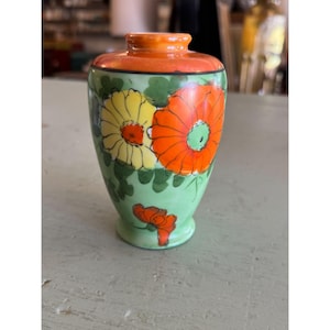 Vintage Hand Painted Japanese Small Vase with Orange Geen Yellow Flowers