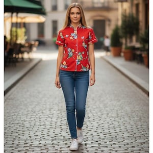 May include: A short-sleeved red button-down shirt featuring a vibrant floral pattern with blue and yellow flowers and green leaves, paired with blue denim jeans and white sneakers. The shirt has a mandarin collar and white piping along the front.