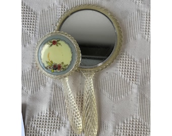 Vintage Handheld Mirror Set with Floral Design & Clear Lucite Frame and Handles