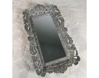 Gray Floral Carved Wood Mirrored Decorative Tray Rectangular Vintage Early 2000s