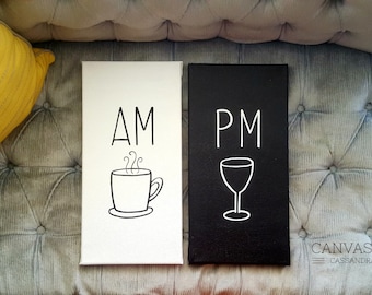 AM/PM Canvas Sign Set – Coffee and Wine Kitchen Decor (7x14")