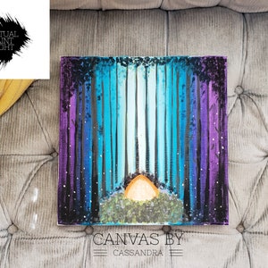 May include: A painting of a forest scene with a glowing orange tent in the center. The trees are painted in shades of blue, purple, and black, with white stars scattered throughout. The text "CANVAS BY CASSANDRA" is at the bottom of the painting.