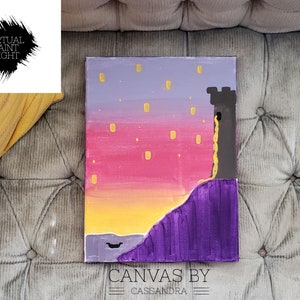May include: A painting of a purple and pink sunset with a silhouette of a tower and a long braid of hair hanging from the top. The tower is on a purple hill with yellow lights floating in the sky.