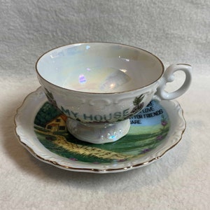 Vintage &#39;My House&#39; Iridescent Footed Teacup and Saucer (#DCG698)