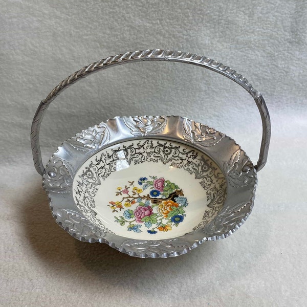 Vintage Farber and Shlevin Floral Dish with Hammered Aluminum Edge/Handle (#DCG992)