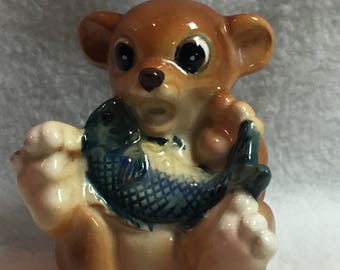 Small Brown Bear with Fish in Lap - Surprise! - Figurine (#FIG132)