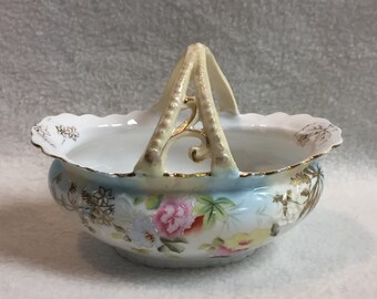 Moss Rose Handled Bowl On Sale Vintage Tilso Oval Dish Floral Basket White with Gold Highlights Ruffled Porcelain