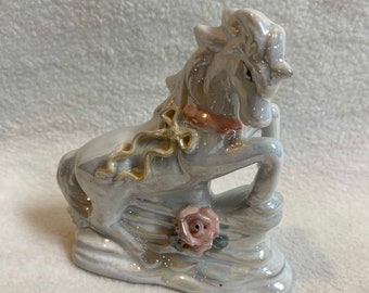 Vintage Iridescent Unicorn with Pink Flower Figurine (#FIG1107)