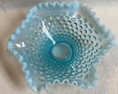 Fenton Blue Opalescent Hobnail Glass Bowl with Ruffled Edge ( DCG326)