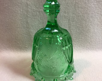Etched Strawberries Collectible Clear Green Glass Bell (#FIG373)