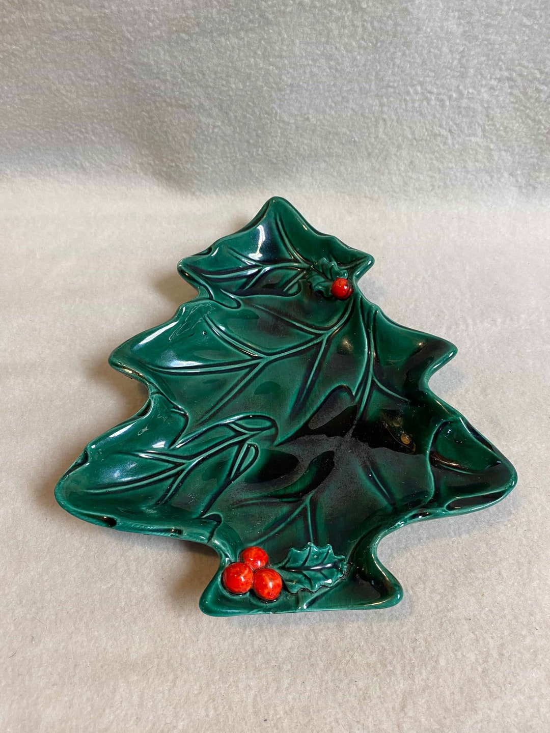 Vintage Lefton Green Holly Tree Shaped Tray DCG881 Etsy