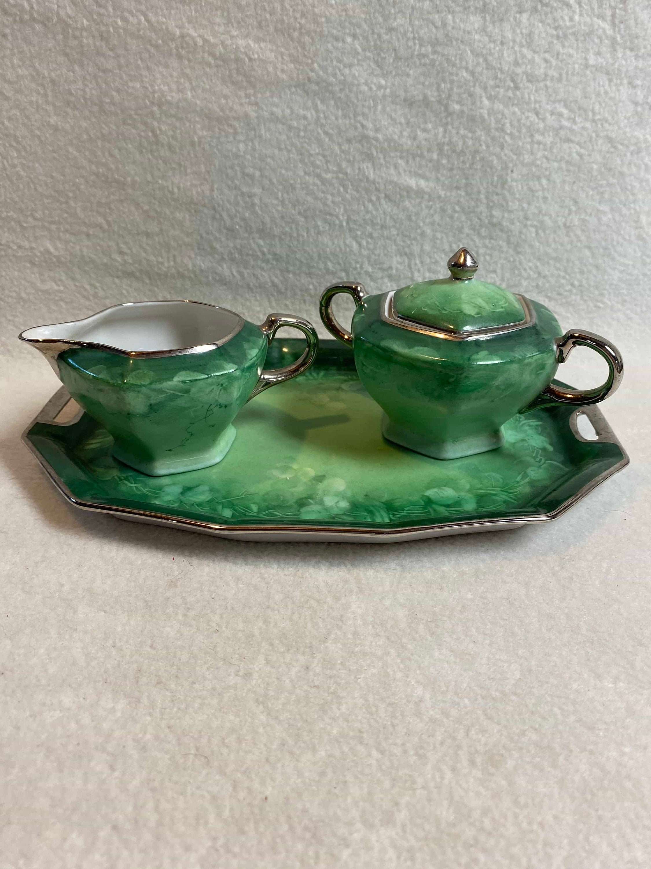 Vintage Green Creamer Lidded Sugar Bowl and Tray Set Etsy