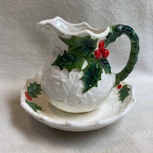 Vintage Lefton White Holly Pitcher con tazón a juego (#DCG951)