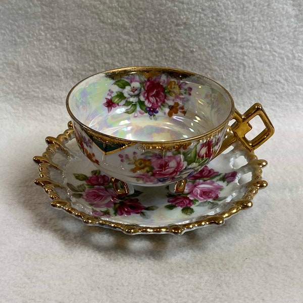 Napco Hand-painted Iridescent Footed Floral Teacup and Saucer (DCG970)