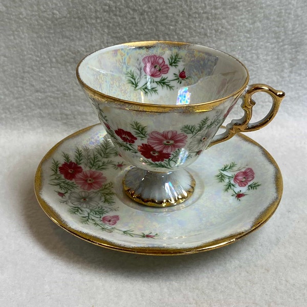 Vintage October Cosmos Iridescent Footed Teacup and Saucer (#DCG980)