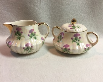 Heatmaster Creamer and Lidded Sugar Bowl with Purple Floral (#DCG178)