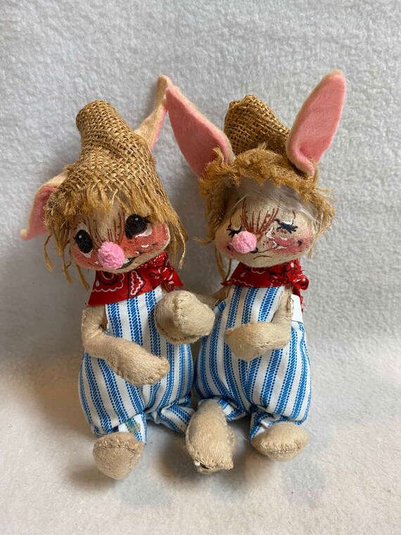 Annalee Dolls - Two Country Bunnies With Blue Stripe Overalls and