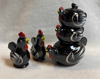 Vintage Stacked Decorative Redware Chicken Teapot with Creamer, Lidded Sugar Bowl and Shakers (#DCG927)