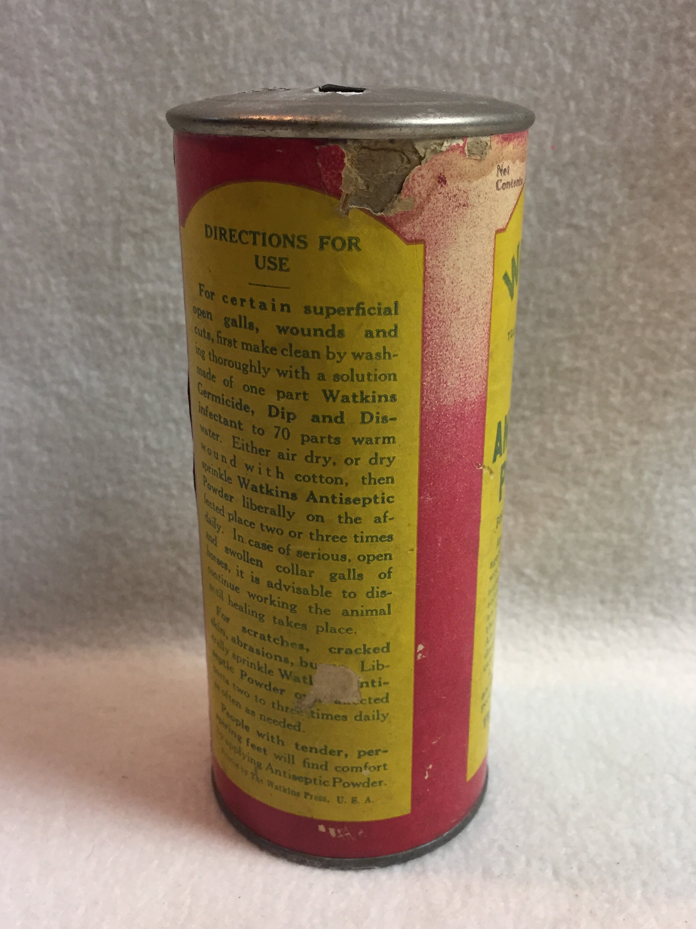Vintage J.R. Watkins 8 Oz Antiseptic Powder Paper Tin for Display