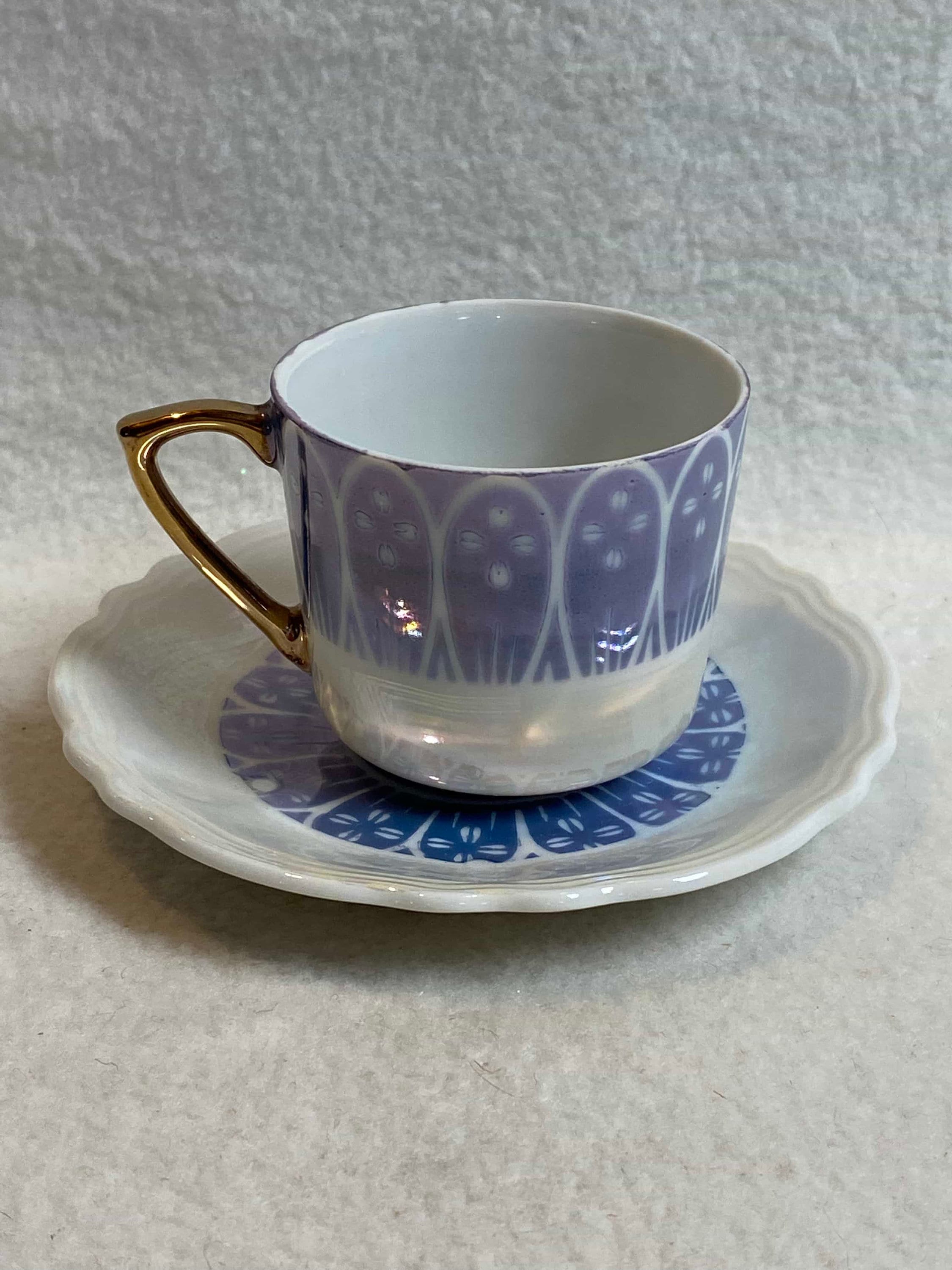 Japan Iridescent Demitasse Teacup and Saucer - Blue and Gold