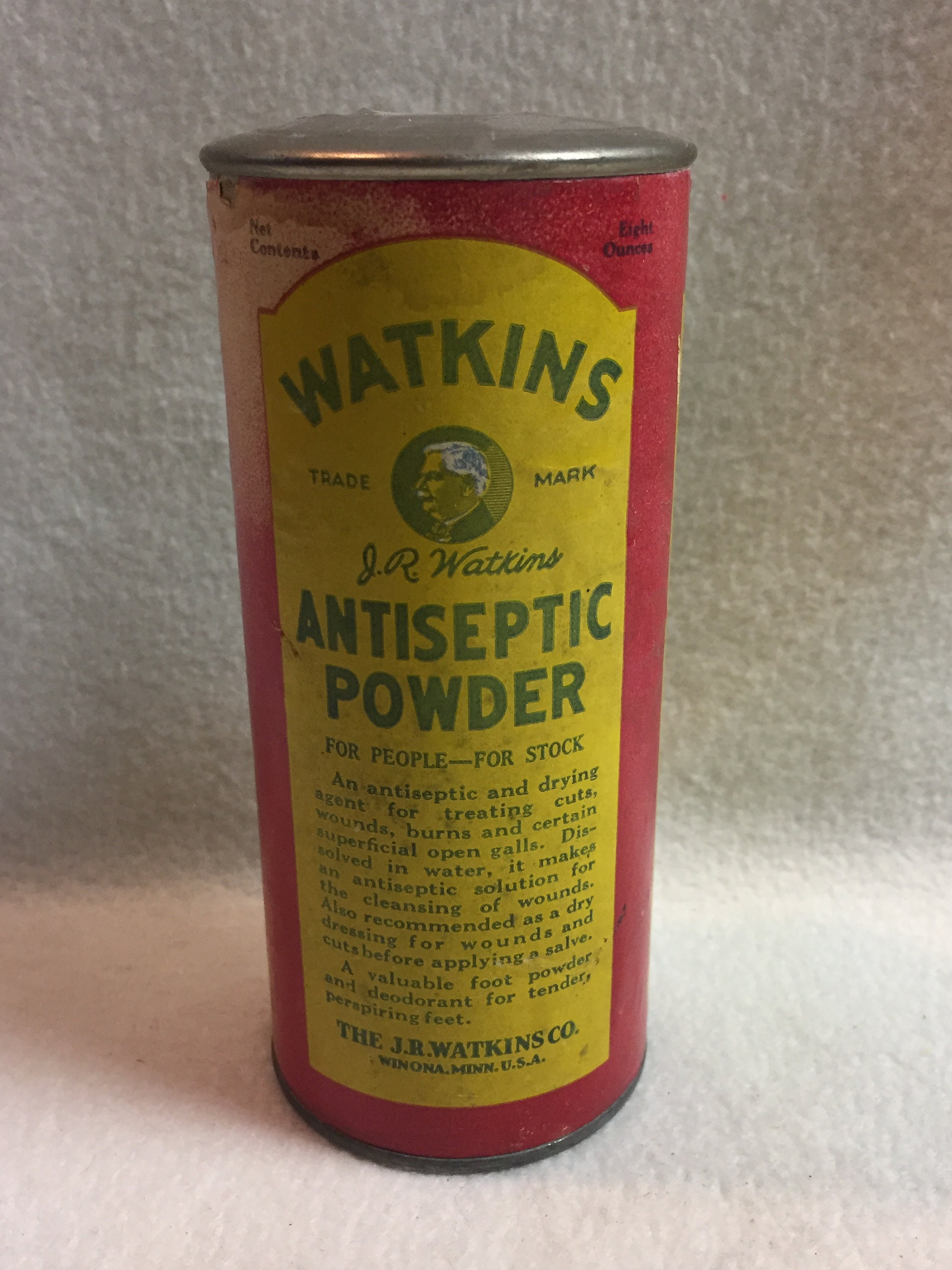 Vintage J.R. Watkins 8 Oz Antiseptic Powder Paper Tin for Display