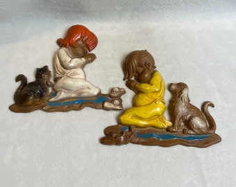 Sexton Metal Wall Plaques - Praying Boy (with dog) and Praying Girl (with Kitty) - Set of 2 (#WD075)