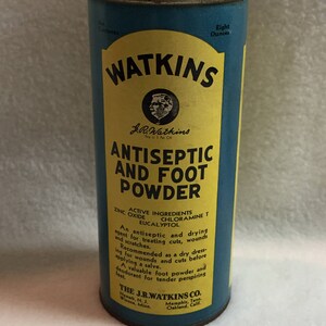 Vintage J.R. Watkins 8 oz Antiseptic and Foot Powder Paper Tin for Display (#W100)