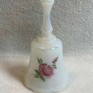 Vintage Fenton Small Opalescent Glass Hand Bell with Hand-painted Pink Rose (#FIG989)