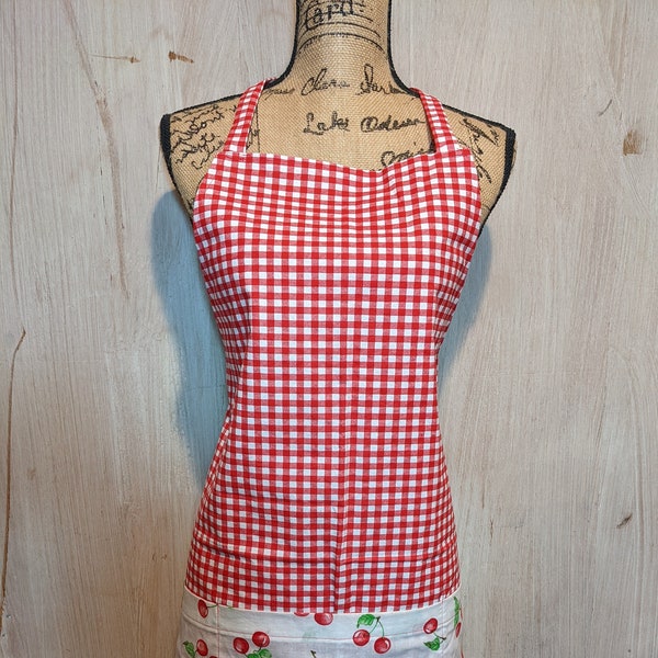 Red Gingham with Cherries Chefs Style Novelty Apron with pockets.
