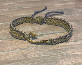 Earth colored macrame band bracelet for men- fishhook bracelet for men- large band macrame bracelet- large hemp bracelet with fishhook