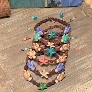 Turtle bracelet- hemp bracelet- adjustable macrame bracelet- boho jewelry- boho beachy bracelet- starfish bracelet- summer jewelry