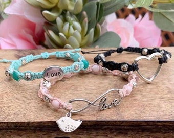 Valentine’s Day gift- love bracelet- heart bracelet- Valentine’s Day bracelet- heart connector- bird charm